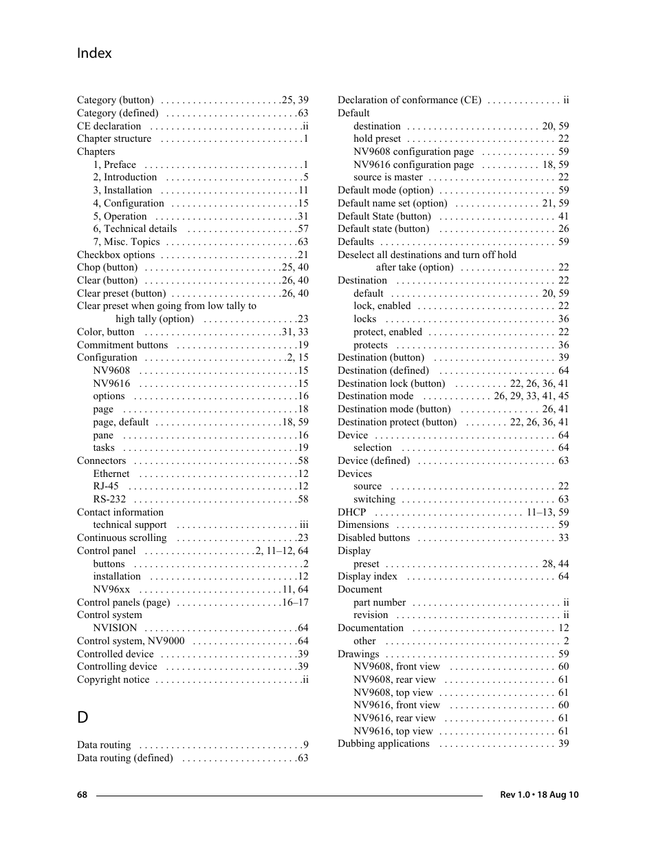 Index | Grass Valley NV9608 v.1.0 User Manual | Page 78 / 84