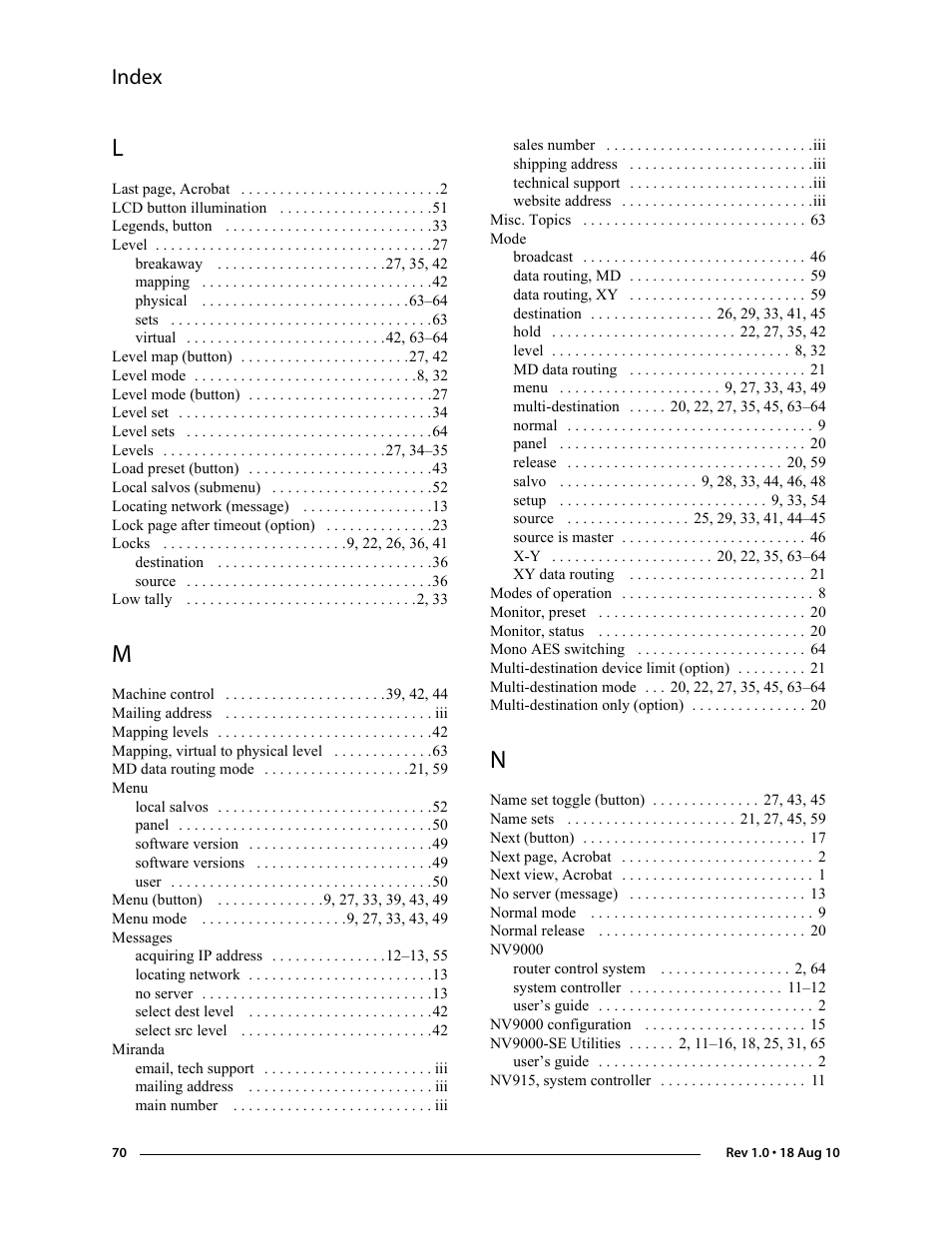 Index | Grass Valley NV9608 v.1.0 User Manual | Page 80 / 84