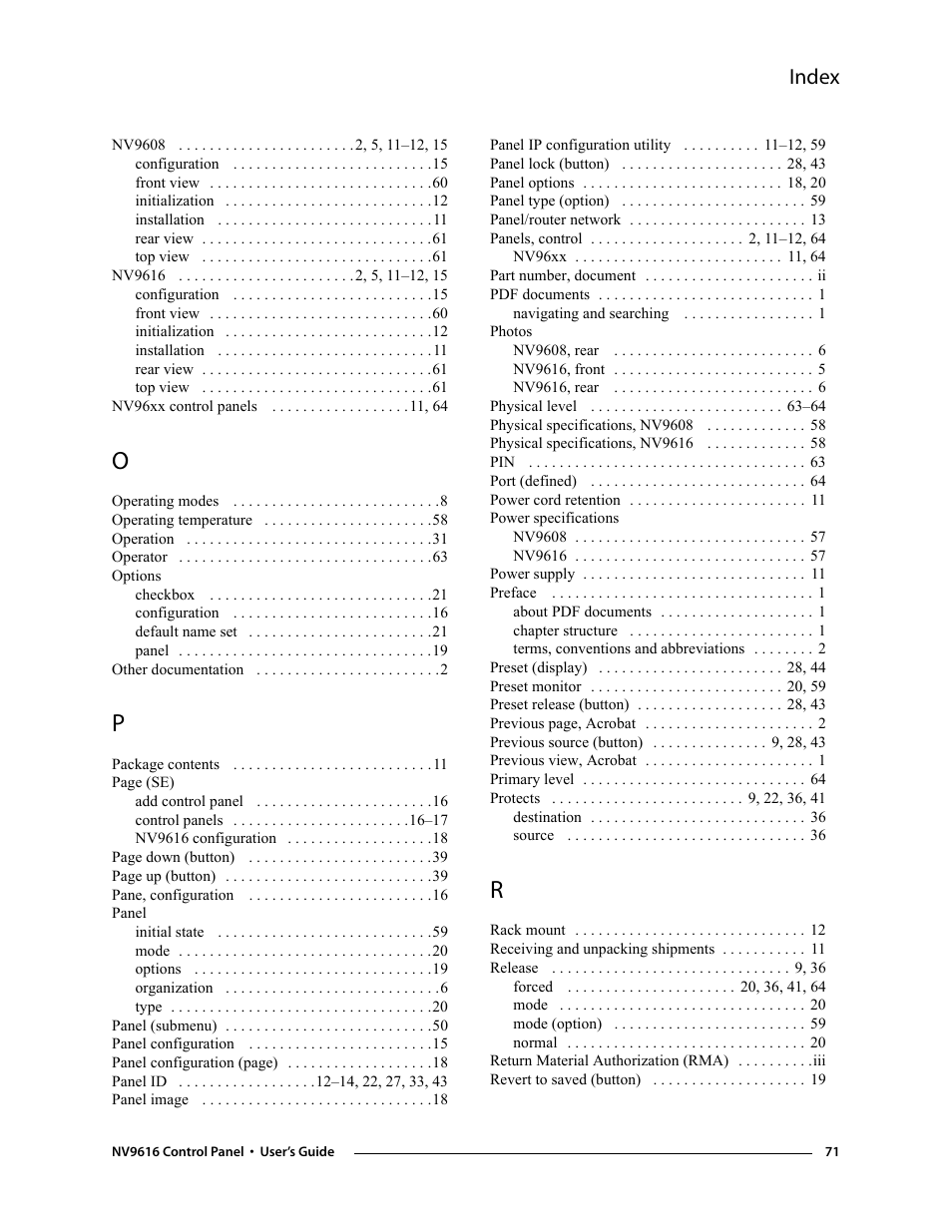 Index | Grass Valley NV9608 v.1.0 User Manual | Page 81 / 84