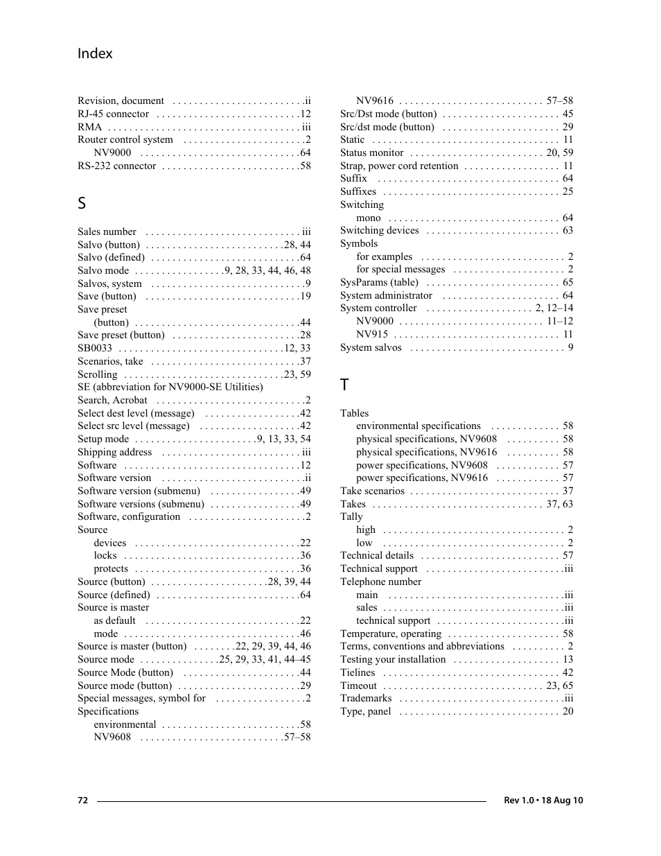 Index | Grass Valley NV9608 v.1.0 User Manual | Page 82 / 84