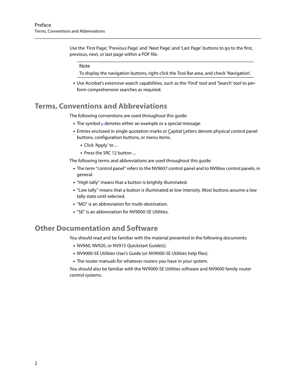 Terms, conventions and abbreviations, Other documentation and software | Grass Valley NV9607 v.1.1 User Manual | Page 12 / 90