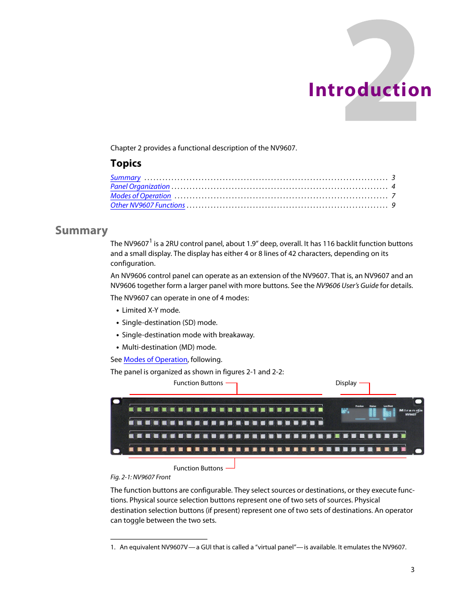 Introduction, Summary, 2 introduction | Chapter 2, Topics | Grass Valley NV9607 v.1.1 User Manual | Page 13 / 90