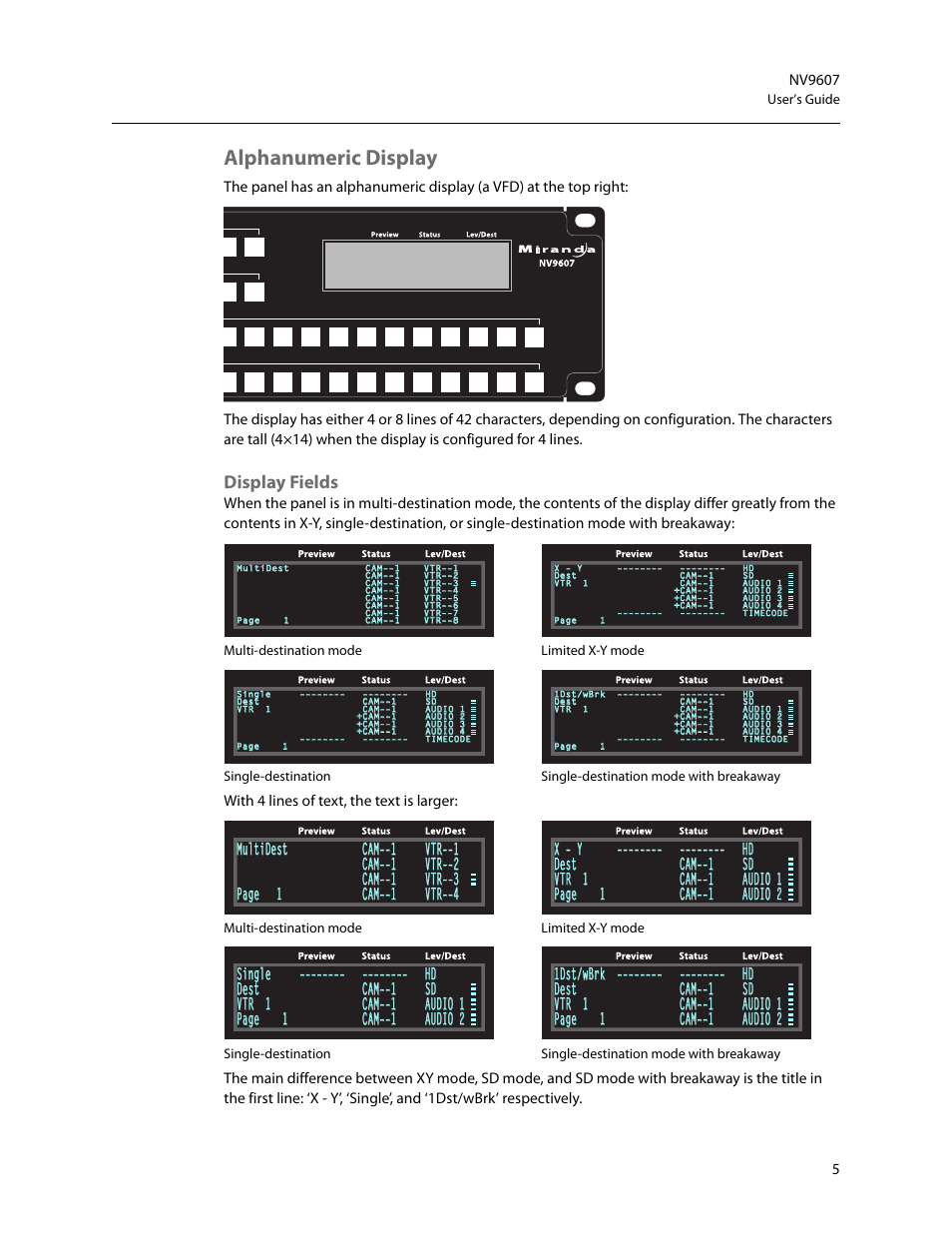 Alphanumeric display, Display fields, X  y   hd | 1dst/wbrk   hd | Grass Valley NV9607 v.1.1 User Manual | Page 15 / 90