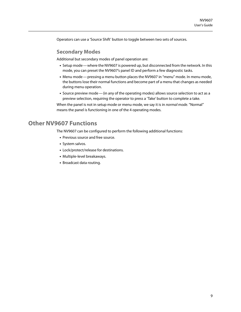 Secondary modes, Other nv9607 functions | Grass Valley NV9607 v.1.1 User Manual | Page 19 / 90