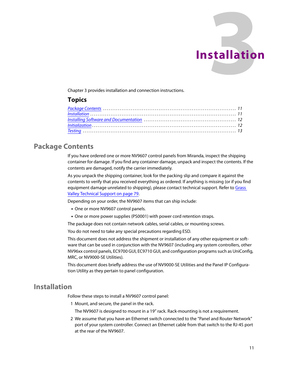 Installation, Package contents, 3 installation | Package contents installation, Chapter 3, Topics | Grass Valley NV9607 v.1.1 User Manual | Page 21 / 90