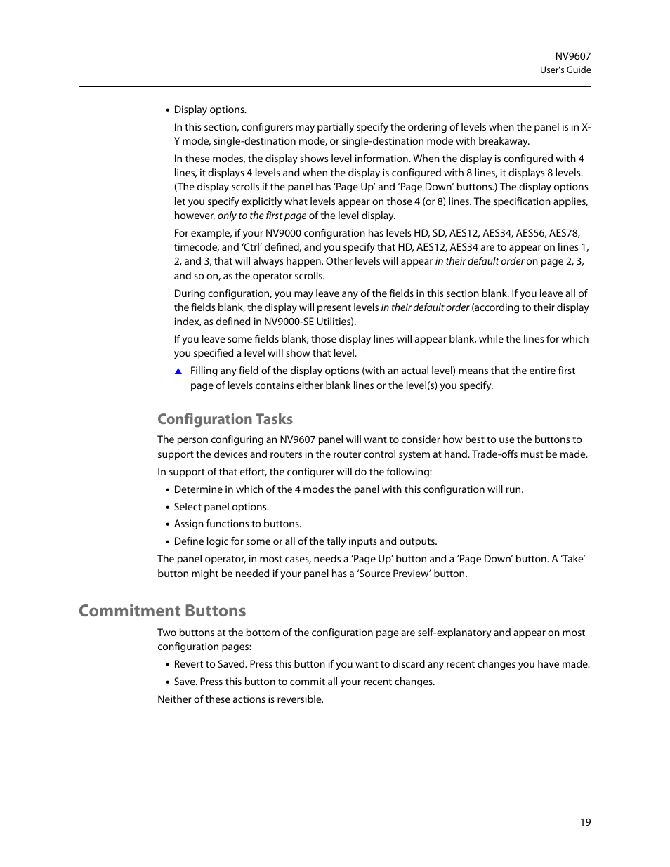 Configuration tasks, Commitment buttons | Grass Valley NV9607 v.1.1 User Manual | Page 29 / 90