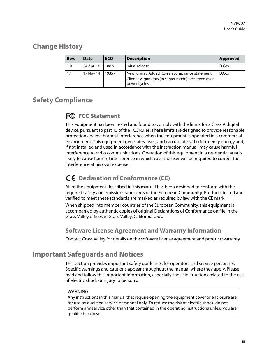 Change history safety compliance, Important safeguards and notices, Fcc statement | Declaration of conformance (ce) | Grass Valley NV9607 v.1.1 User Manual | Page 3 / 90