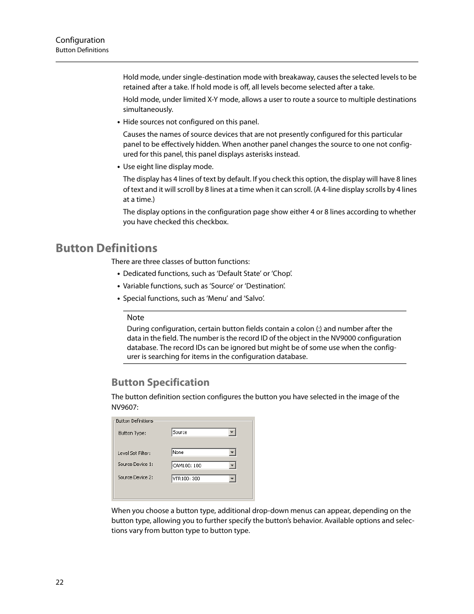 Button definitions, Button specification | Grass Valley NV9607 v.1.1 User Manual | Page 32 / 90