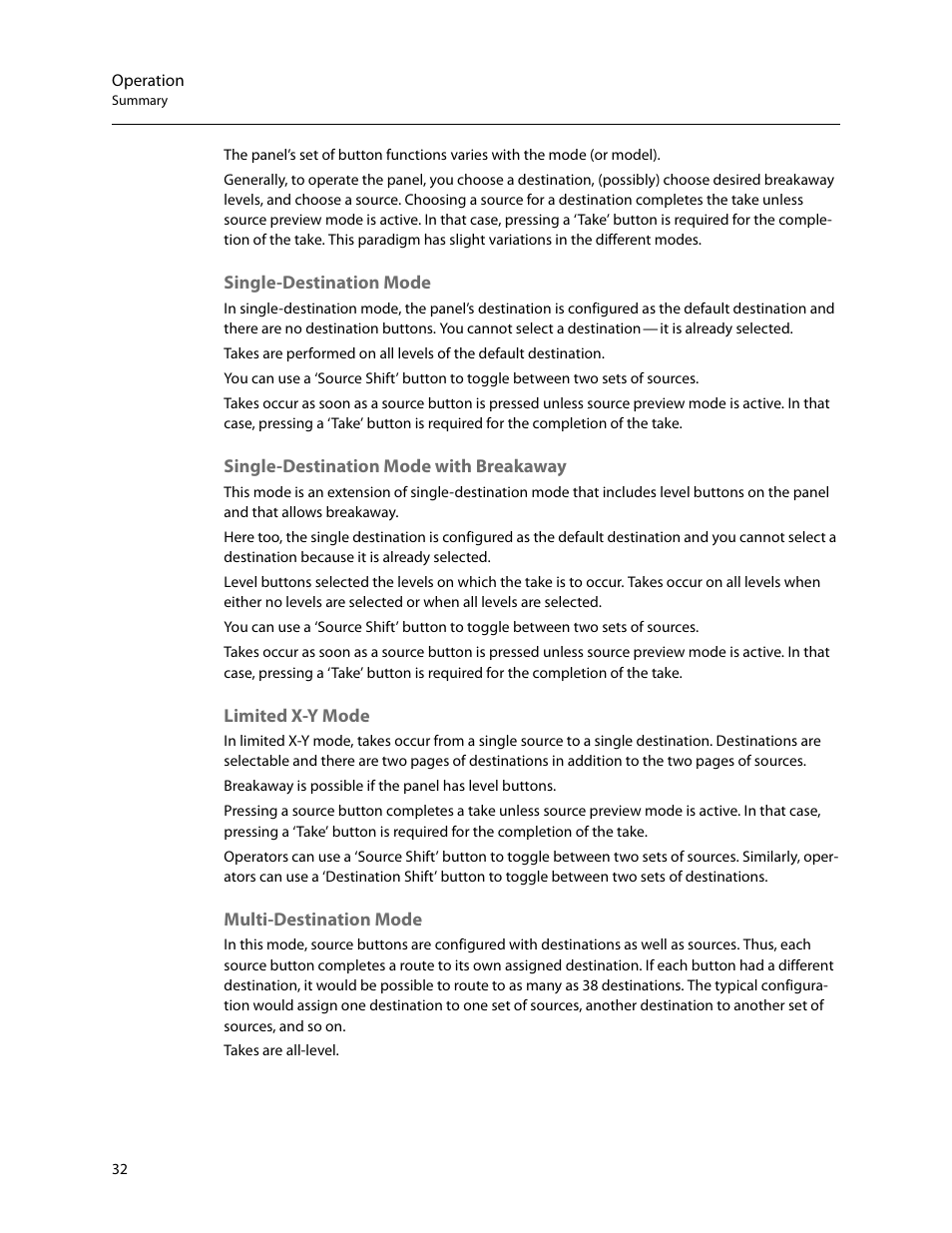 Single-destination mode, Single-destination mode with breakaway, Limited x-y mode | Multi-destination mode | Grass Valley NV9607 v.1.1 User Manual | Page 42 / 90