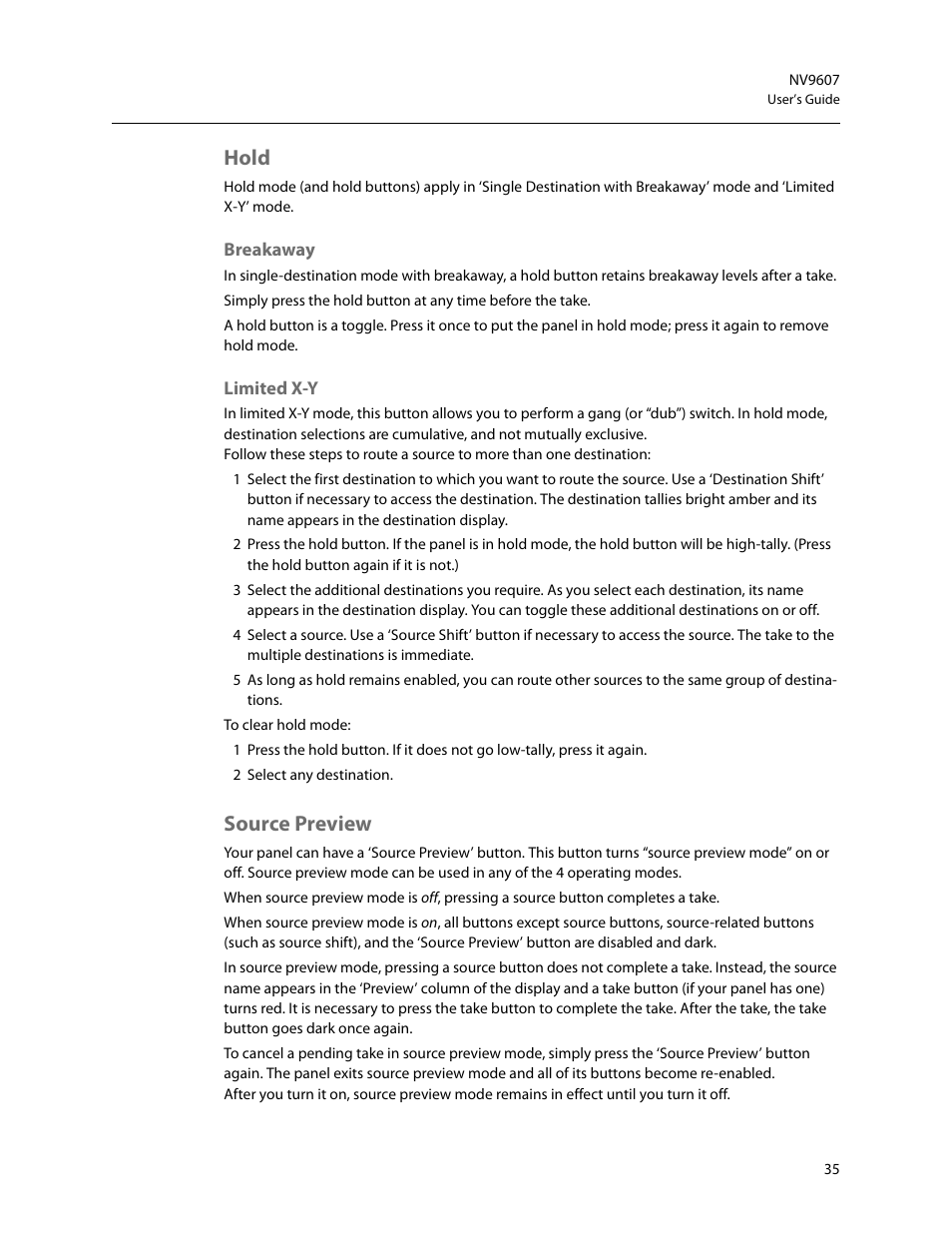 Hold, Breakaway, Limited x-y | Source preview, Breakaway limited x-y | Grass Valley NV9607 v.1.1 User Manual | Page 45 / 90