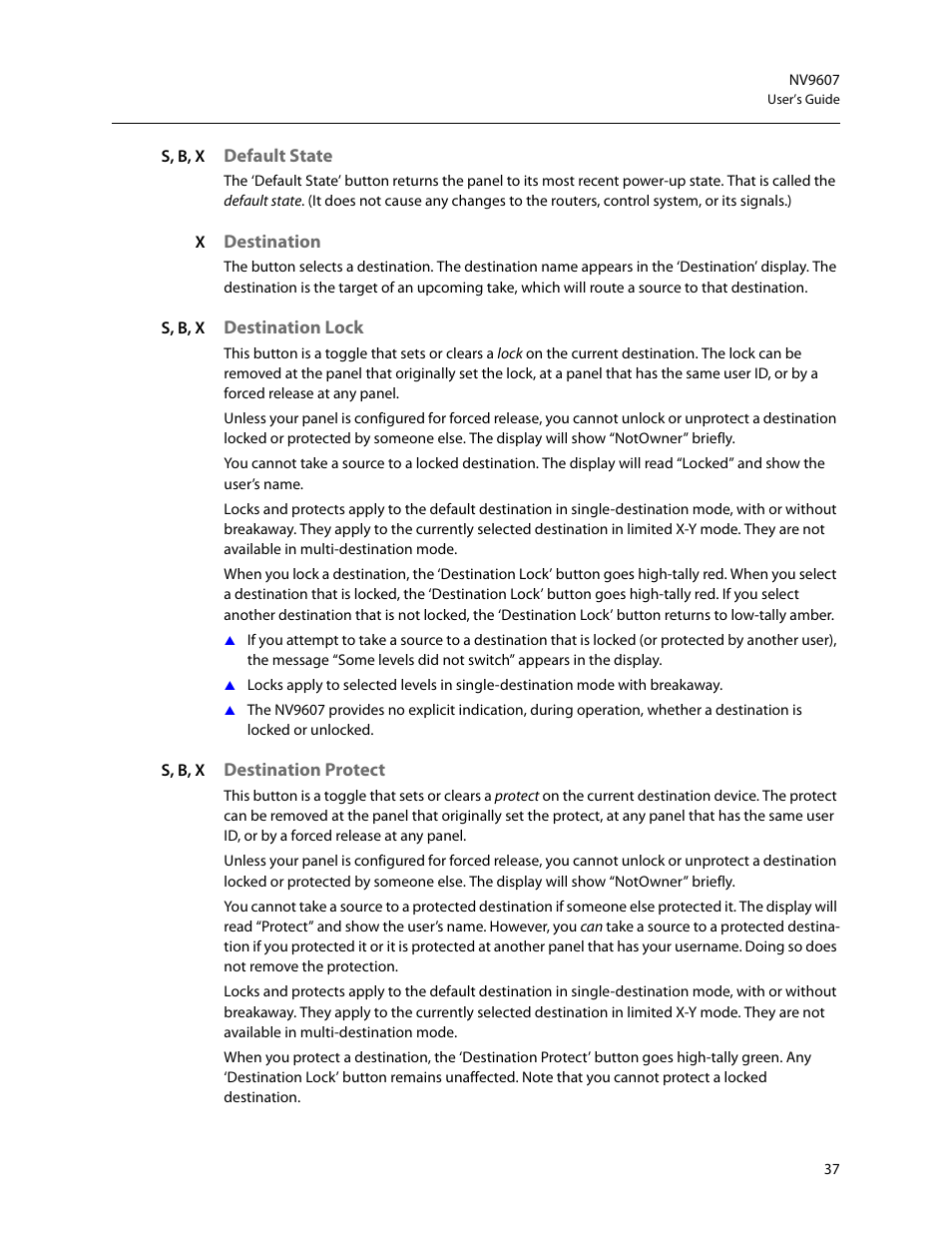 Default state, Destination, Destination lock | Destination protect | Grass Valley NV9607 v.1.1 User Manual | Page 47 / 90