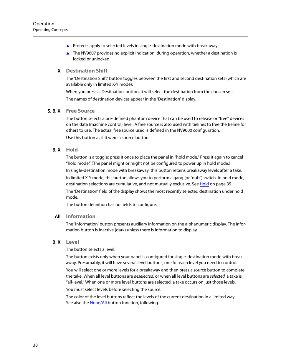 Destination shift, Free source, Hold | Information, Level | Grass Valley NV9607 v.1.1 User Manual | Page 48 / 90