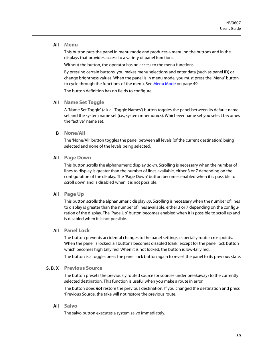 Menu, Name set toggle, None/all | Panel lock, Previous source, Salvo, Butt | Grass Valley NV9607 v.1.1 User Manual | Page 49 / 90