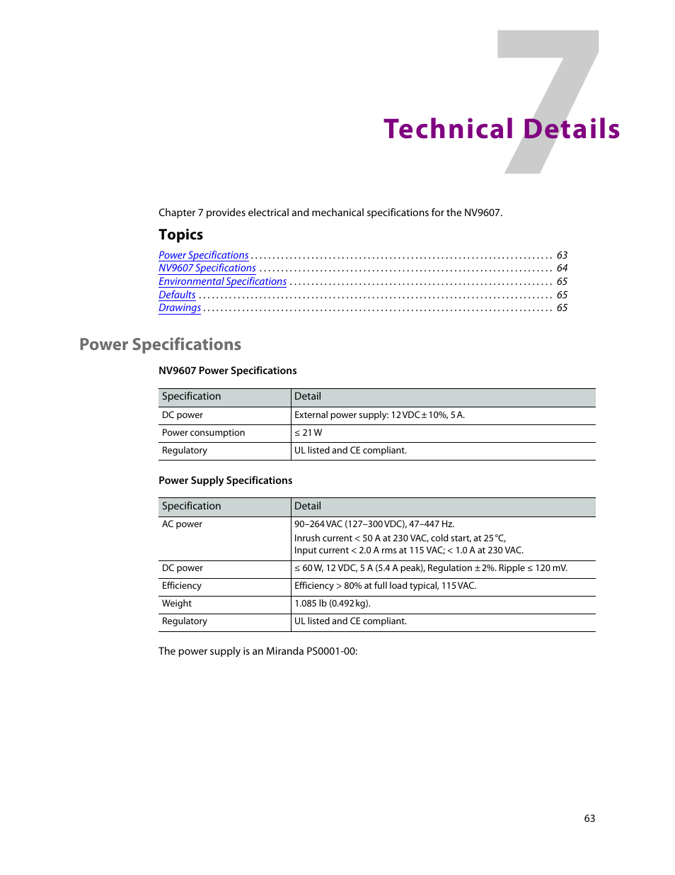 Technical details, Power specifications, 7 technical details | Chapter 7, Topics | Grass Valley NV9607 v.1.1 User Manual | Page 73 / 90