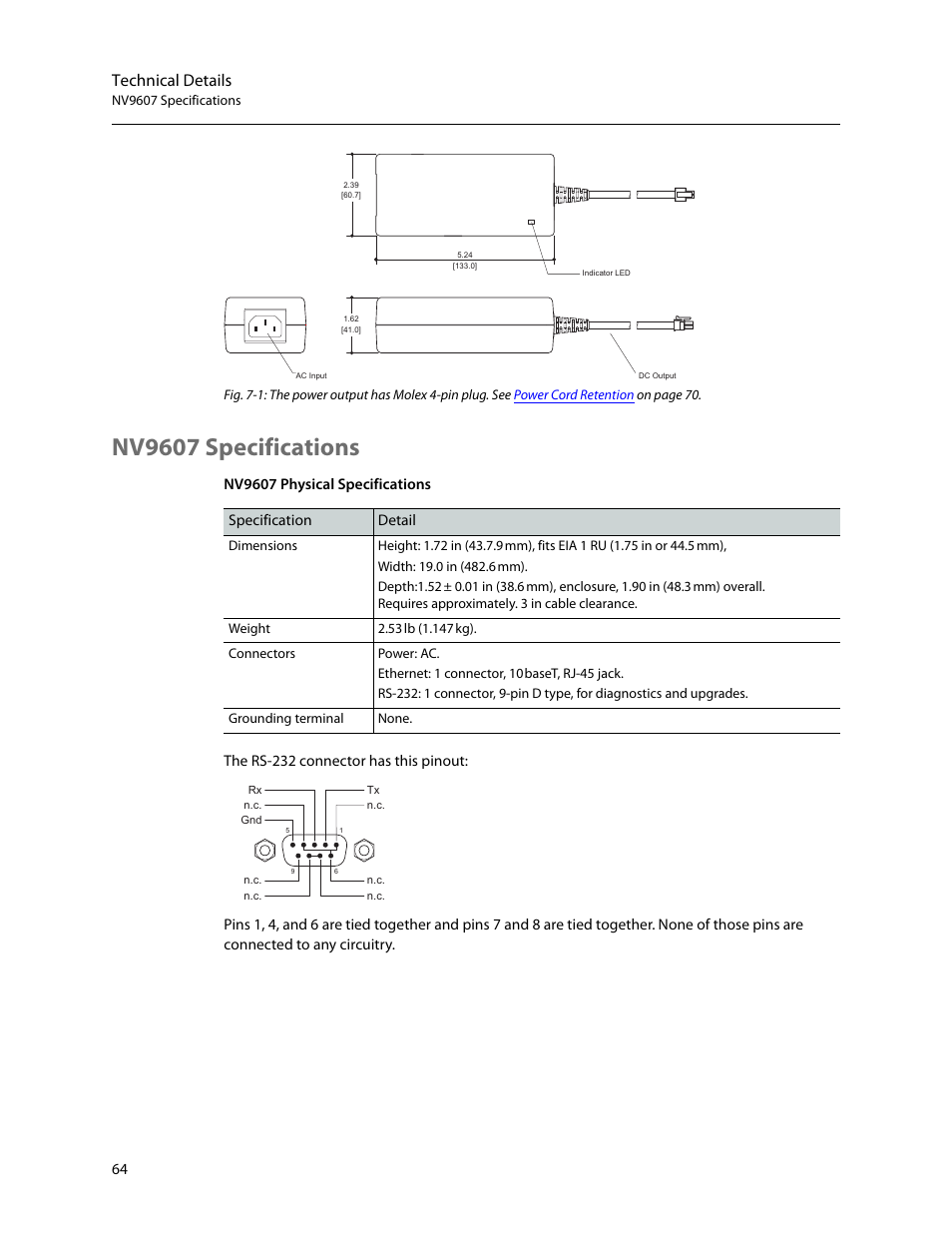 Nv9607 specifications, Technical details | Grass Valley NV9607 v.1.1 User Manual | Page 74 / 90