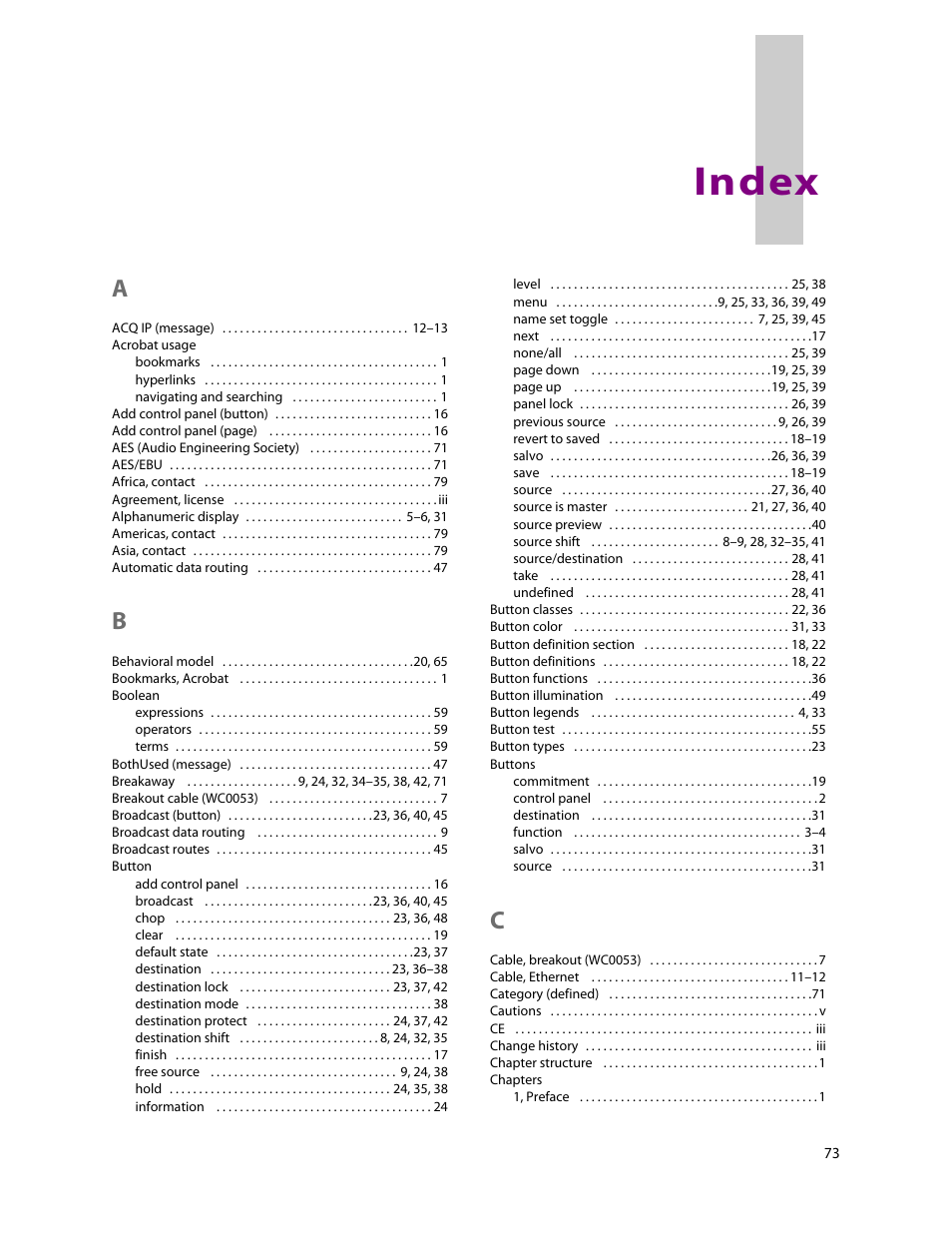 Index | Grass Valley NV9607 v.1.1 User Manual | Page 83 / 90