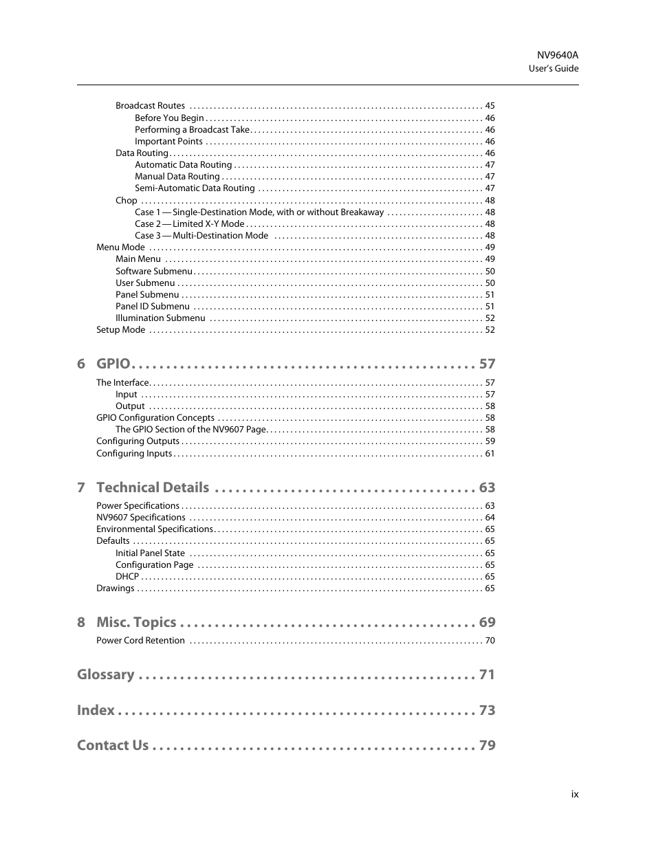 6 gpio, 7 technical details, 8 misc. topics | Glossary index contact us | Grass Valley NV9607 v.1.1 User Manual | Page 9 / 90