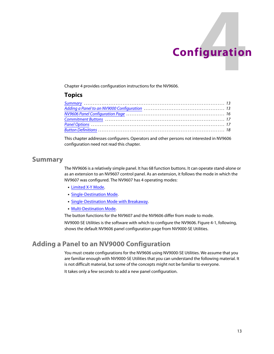 Configuration, Summary, Adding a panel to an nv9000 configuration | 4 configuration, Summary adding a panel to an nv9000 configuration, Chapter 4, Topics | Grass Valley NV9606 v.1.1 User Manual | Page 23 / 70