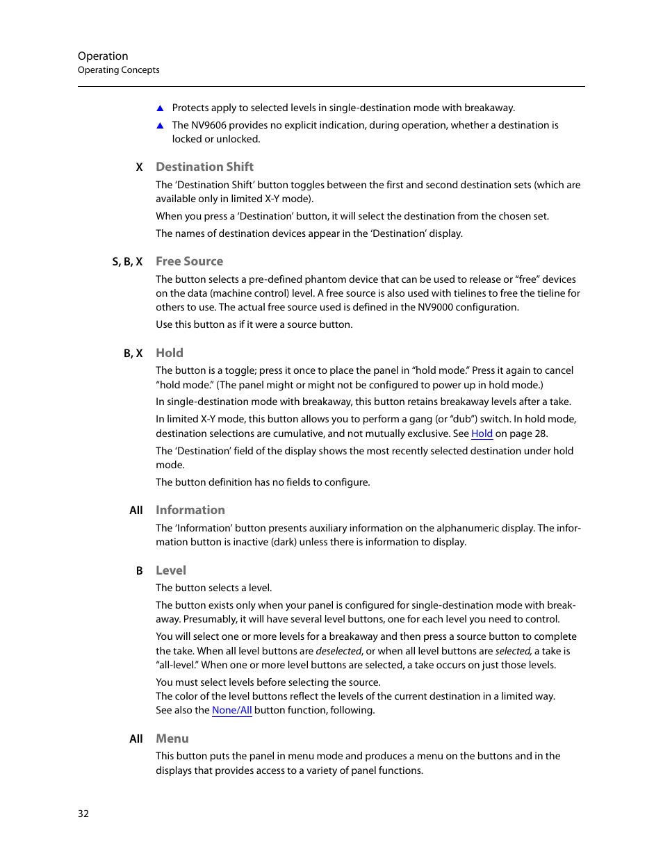 Destination shift, Free source, Hold | Information, Level, Menu | Grass Valley NV9606 v.1.1 User Manual | Page 42 / 70