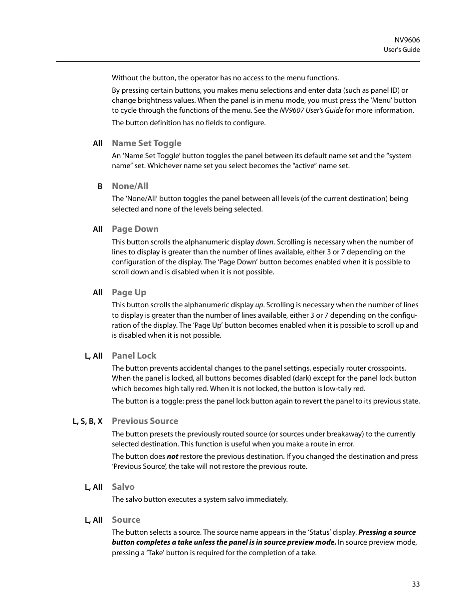 Name set toggle, None/all, Panel lock | Previous source, Salvo, Source, Butt | Grass Valley NV9606 v.1.1 User Manual | Page 43 / 70