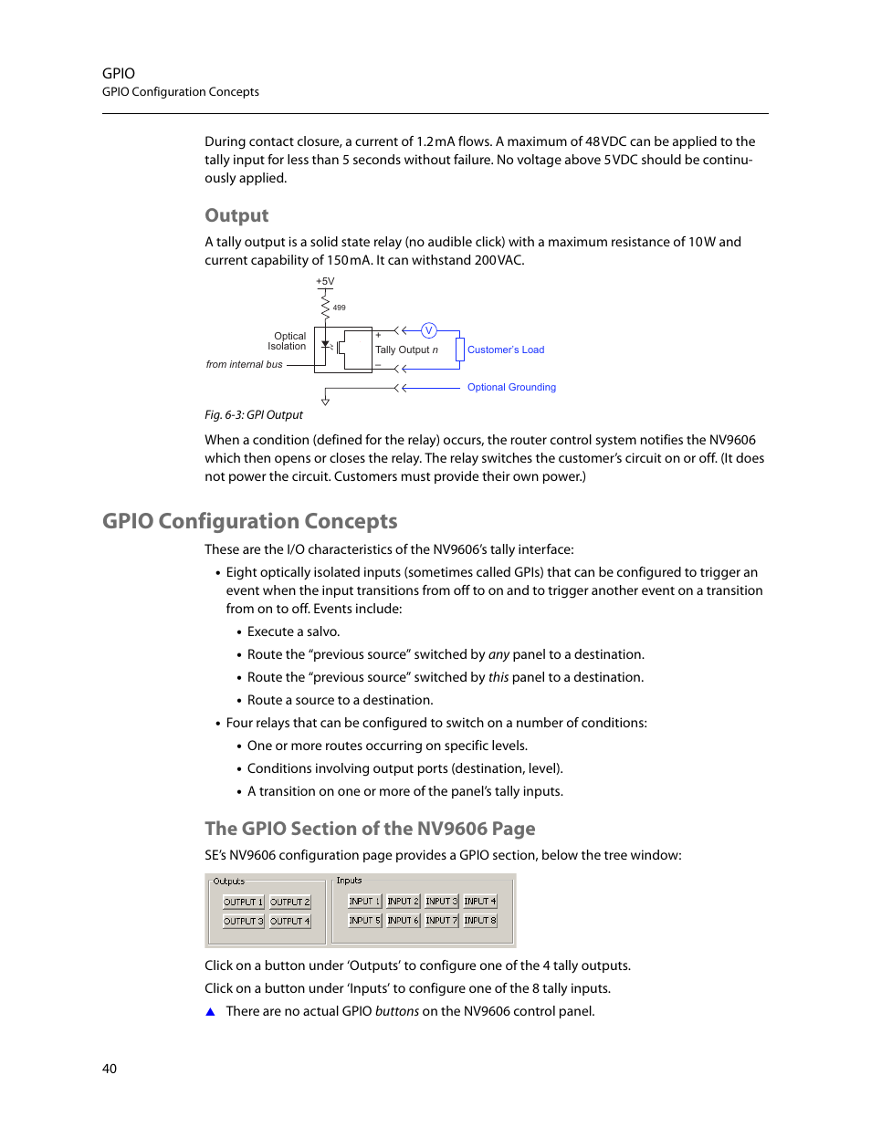 Output, Gpio configuration concepts | Grass Valley NV9606 v.1.1 User Manual | Page 50 / 70