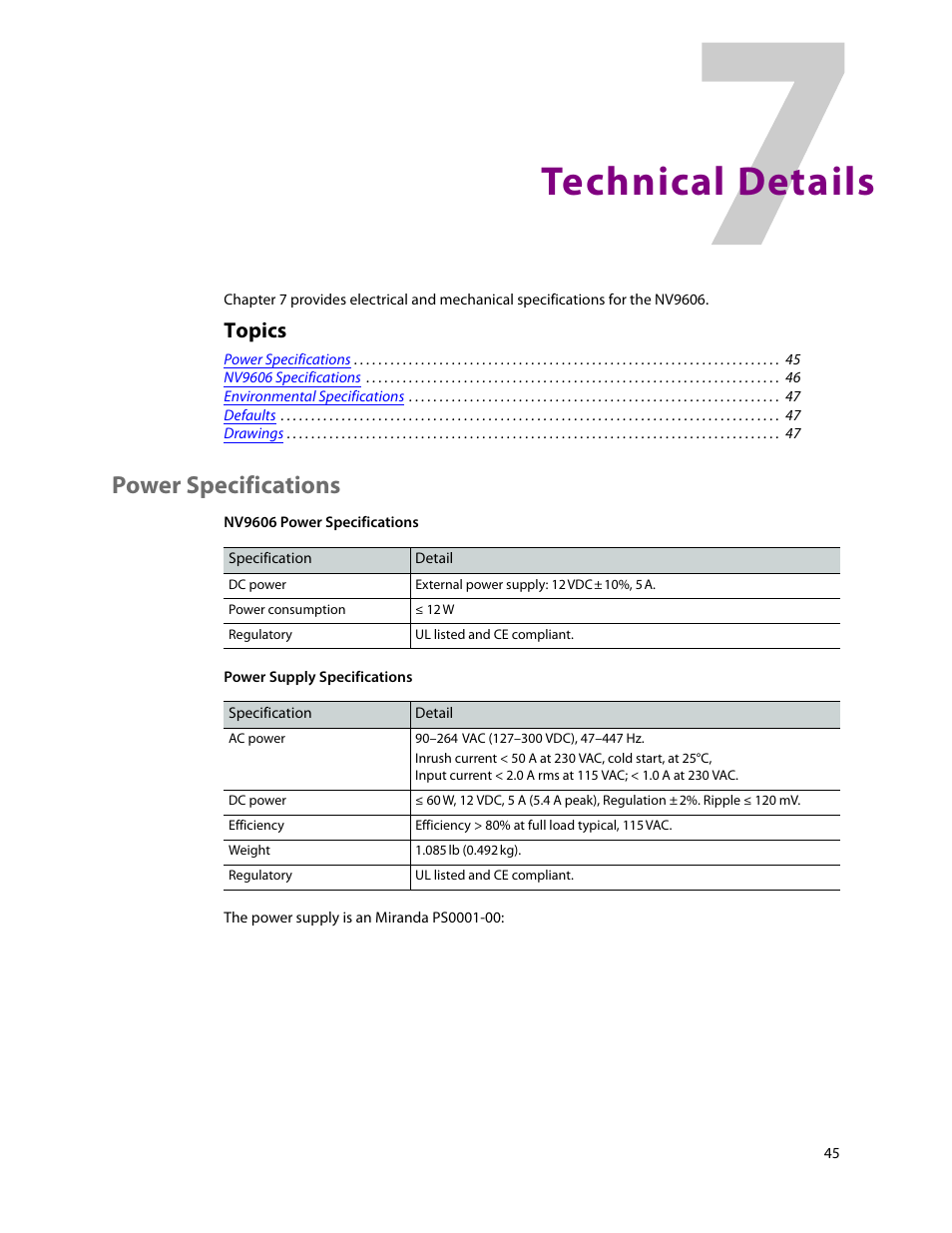 Technical details, Power specifications, 7 technical details | Chapter 7, Topics | Grass Valley NV9606 v.1.1 User Manual | Page 55 / 70