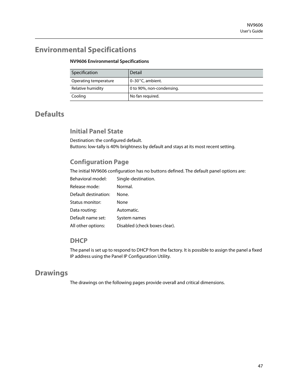 Environmental specifications, Defaults, Initial panel state | Dhcp, Drawings, Environmental specifications defaults, Configuration page | Grass Valley NV9606 v.1.1 User Manual | Page 57 / 70