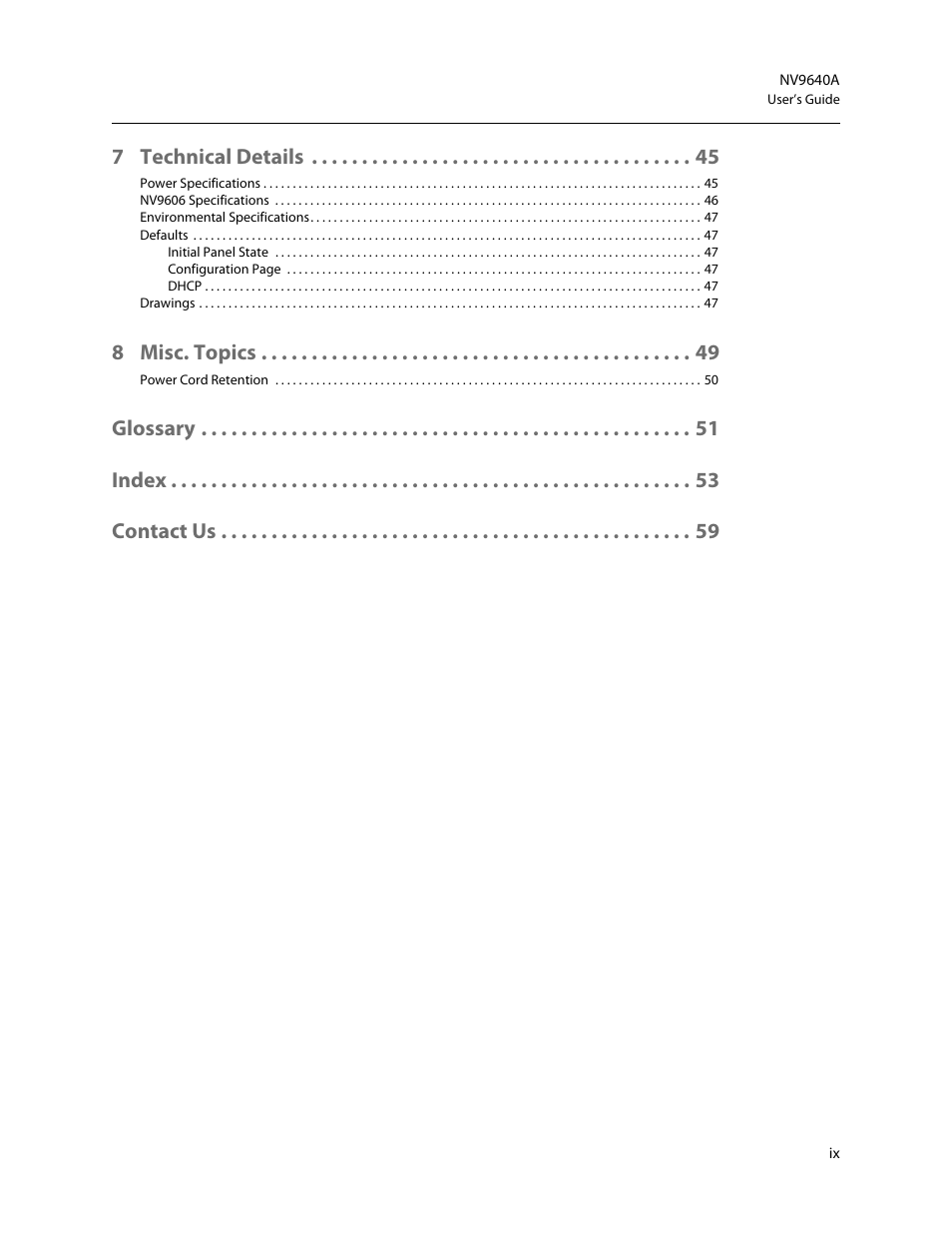 7 technical details, 8 misc. topics, Glossary index contact us | Grass Valley NV9606 v.1.1 User Manual | Page 9 / 70