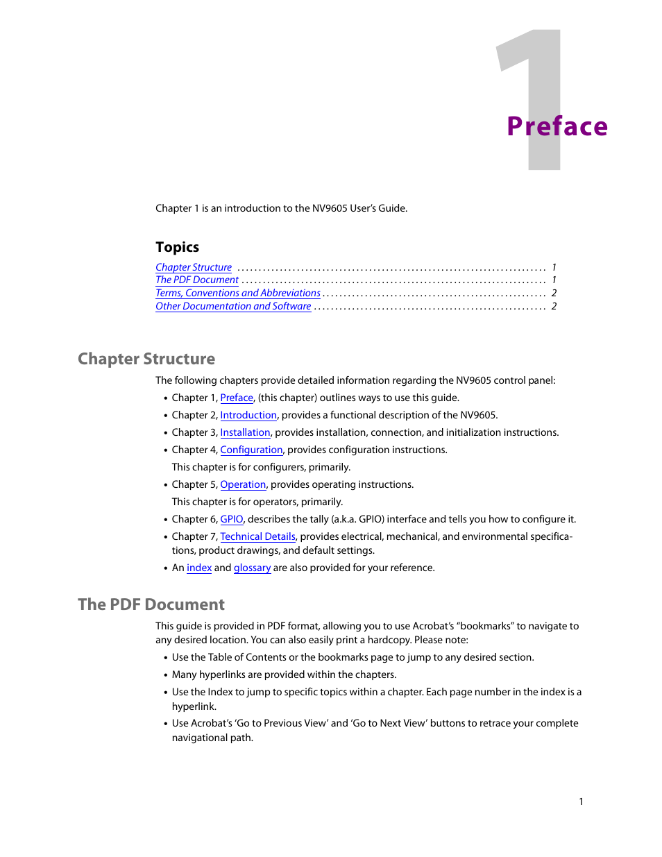 Preface, Chapter structure, The pdf document | 1 preface, Chapter structure the pdf document, Topics | Grass Valley NV9605 v.1.1 User Manual | Page 11 / 74