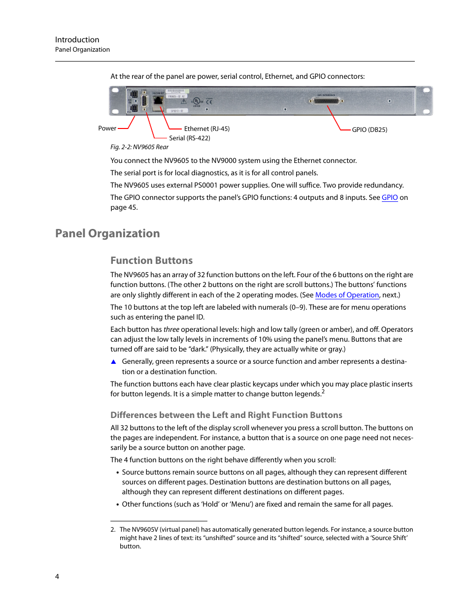 Panel organization, Function buttons | Grass Valley NV9605 v.1.1 User Manual | Page 14 / 74