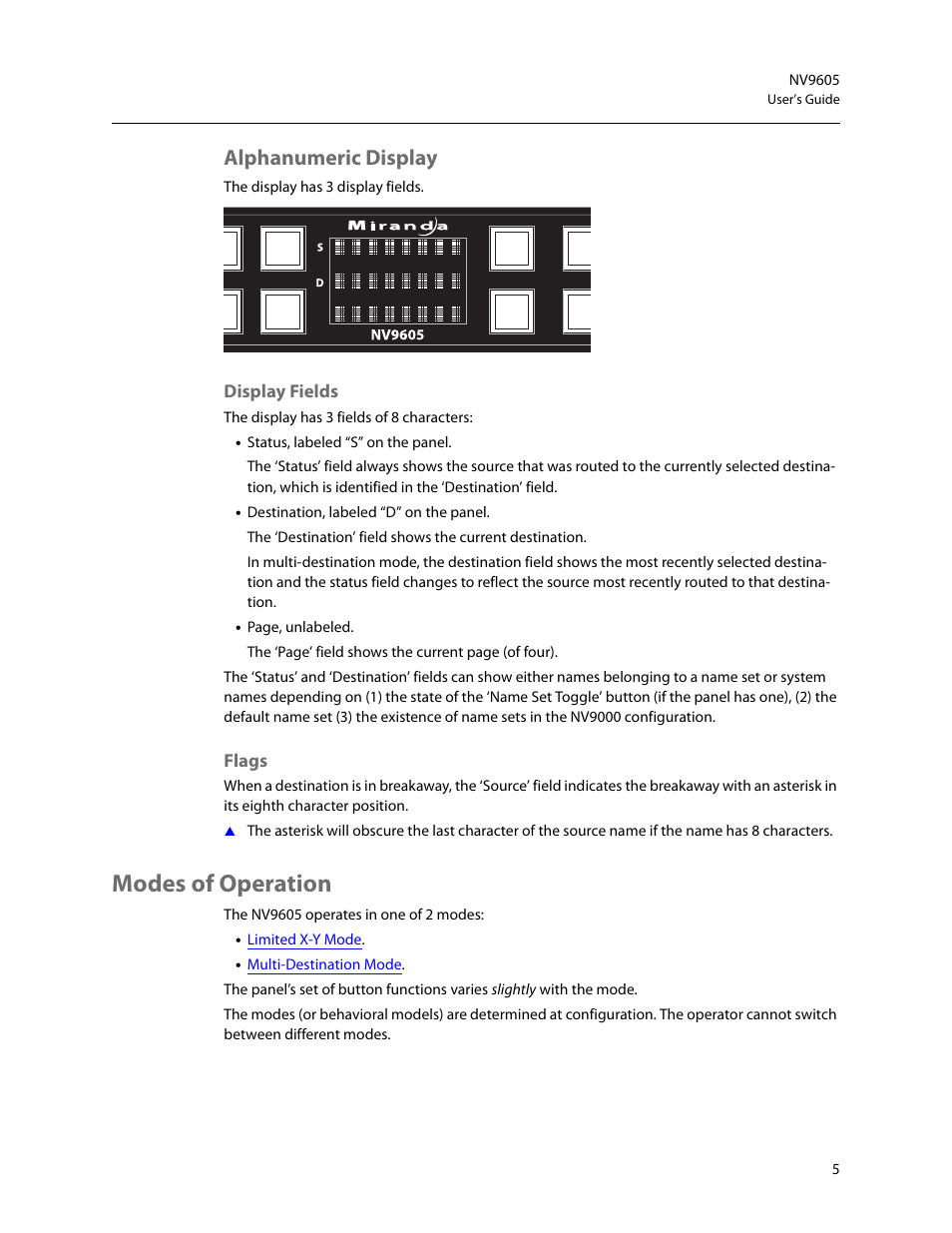 Alphanumeric display, Display fields, Flags | Modes of operation, Display fields flags | Grass Valley NV9605 v.1.1 User Manual | Page 15 / 74