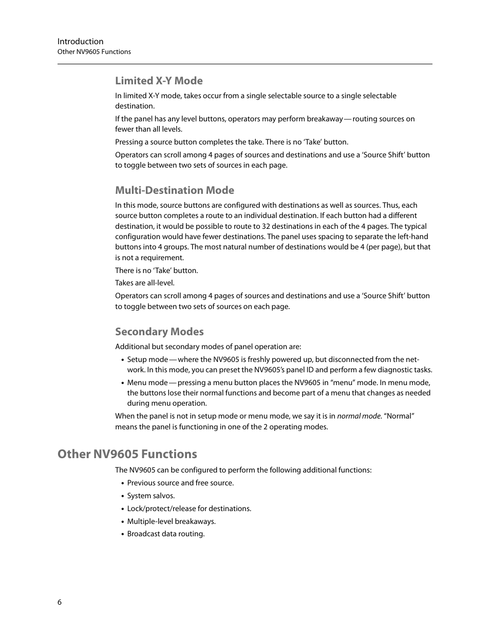 Limited x-y mode, Multi-destination mode, Secondary modes | Other nv9605 functions | Grass Valley NV9605 v.1.1 User Manual | Page 16 / 74
