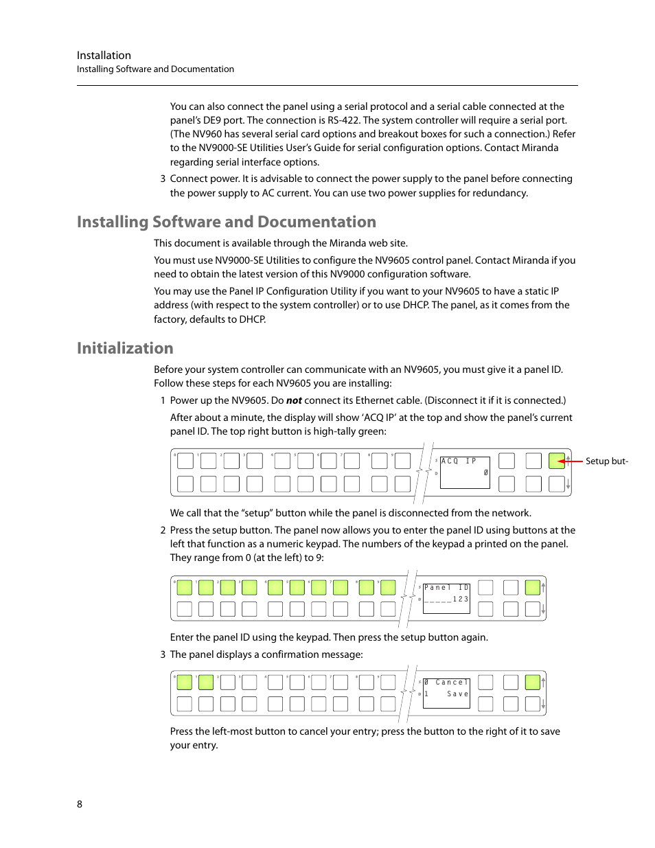 Installing software and documentation, Initialization | Grass Valley NV9605 v.1.1 User Manual | Page 18 / 74