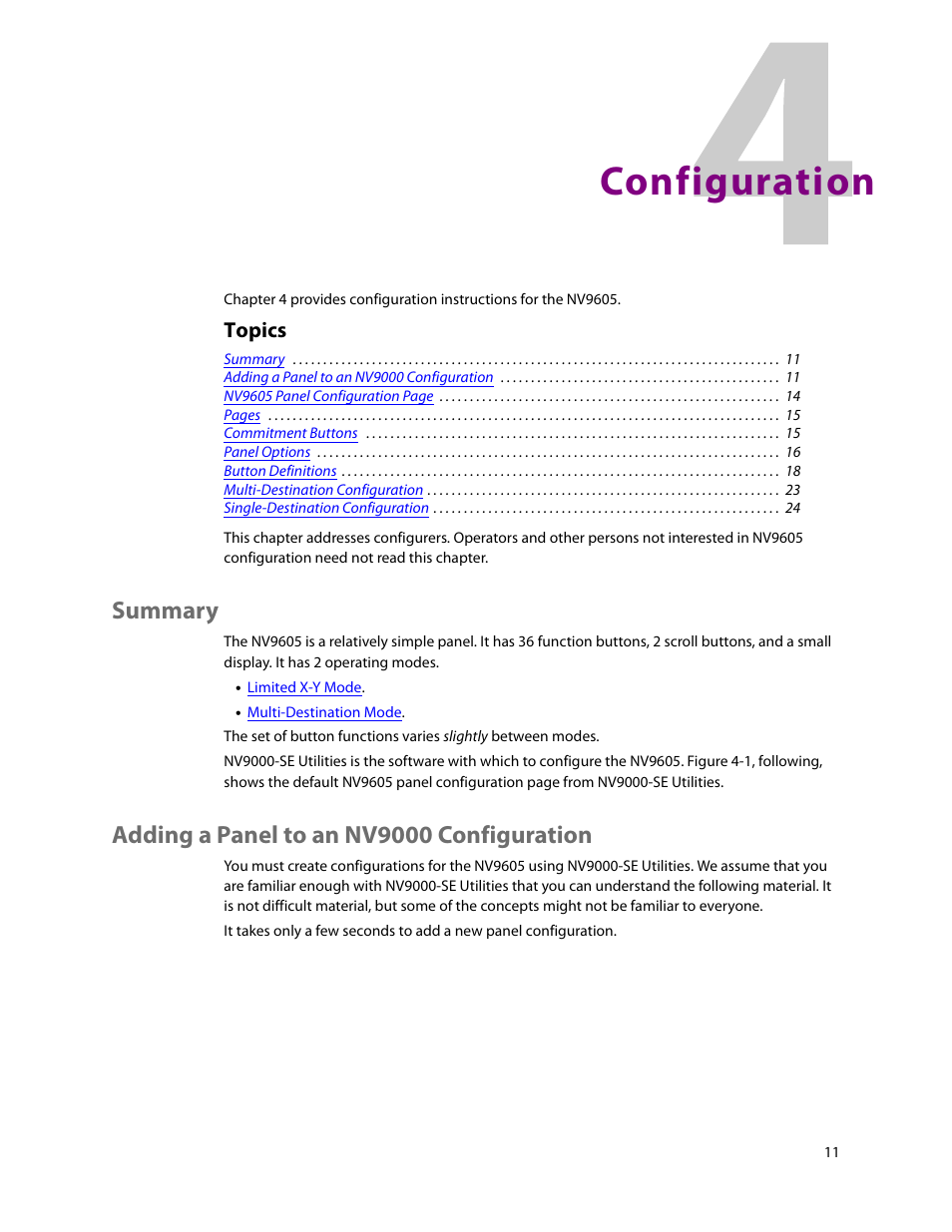 Configuration, Summary, Adding a panel to an nv9000 configuration | 4 configuration, Summary adding a panel to an nv9000 configuration, Chapter 4, Topics | Grass Valley NV9605 v.1.1 User Manual | Page 21 / 74