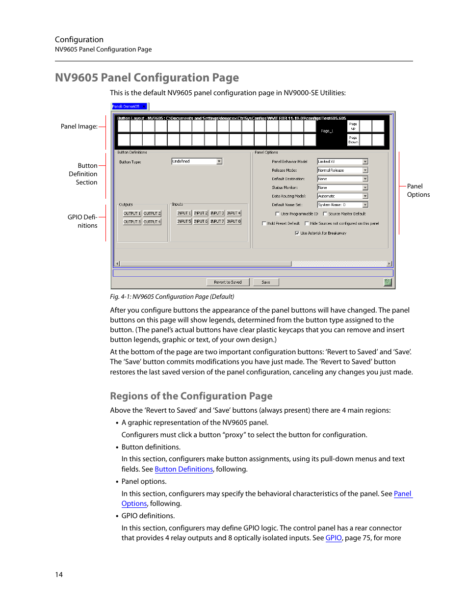 Figure 4-1, Nv9605 panel configuration page, Regions of the configuration page | Grass Valley NV9605 v.1.1 User Manual | Page 24 / 74