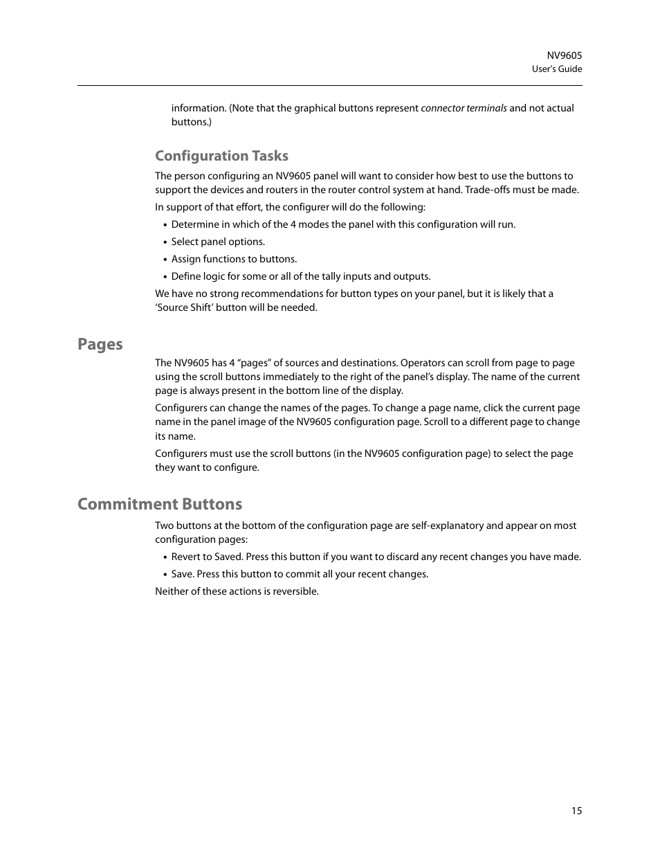 Configuration tasks, Commitment buttons, Pages | Grass Valley NV9605 v.1.1 User Manual | Page 25 / 74