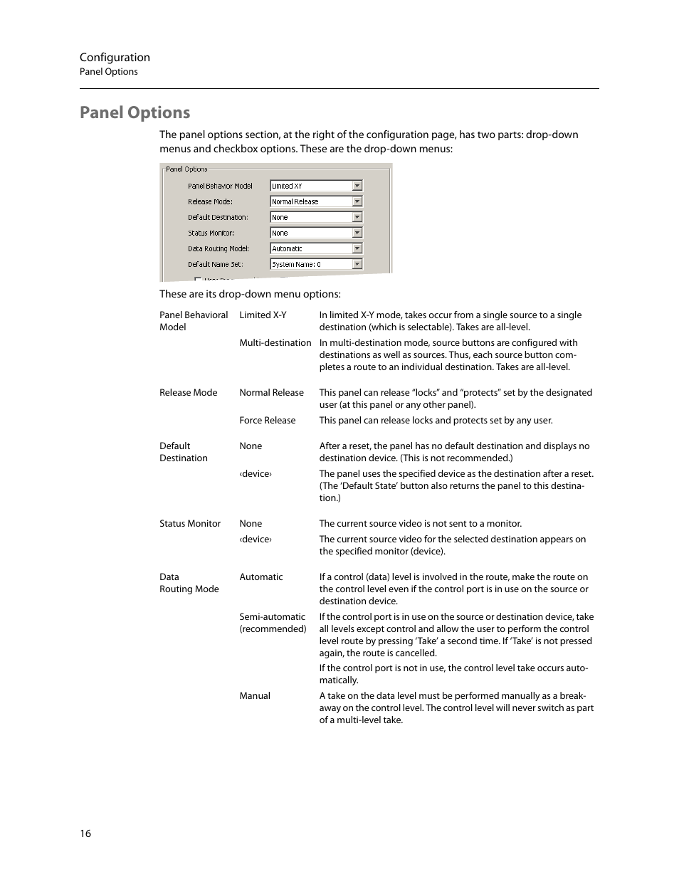 Panel options, Panel, Options | Grass Valley NV9605 v.1.1 User Manual | Page 26 / 74