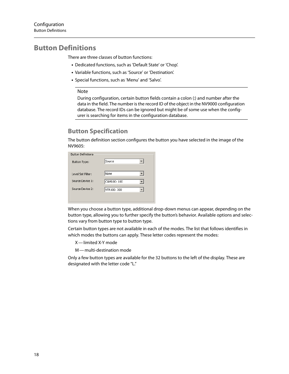 Button definitions, Button specification | Grass Valley NV9605 v.1.1 User Manual | Page 28 / 74