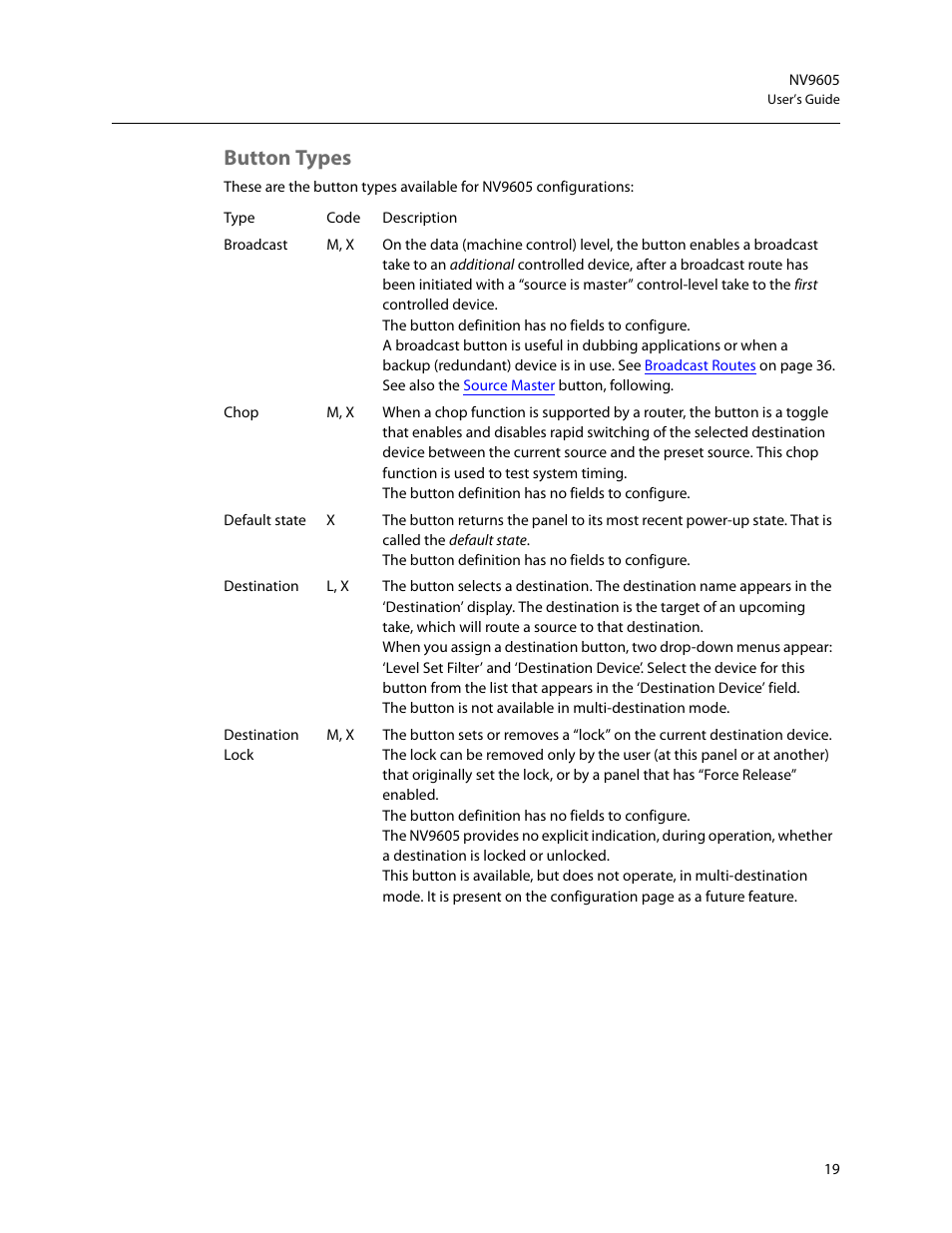 Button types | Grass Valley NV9605 v.1.1 User Manual | Page 29 / 74
