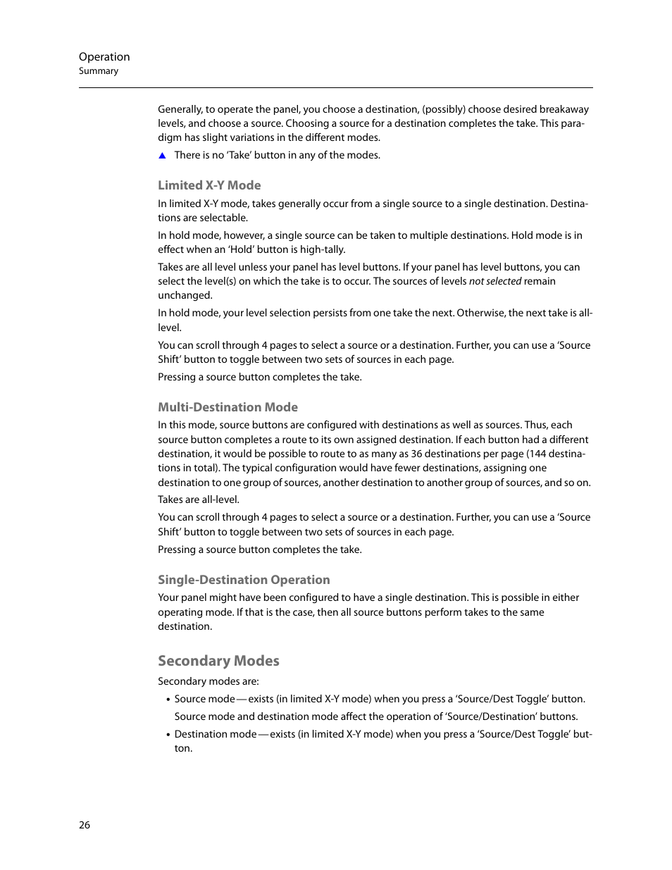 Limited x-y mode, Multi-destination mode, Single-destination operation | Secondary modes | Grass Valley NV9605 v.1.1 User Manual | Page 36 / 74
