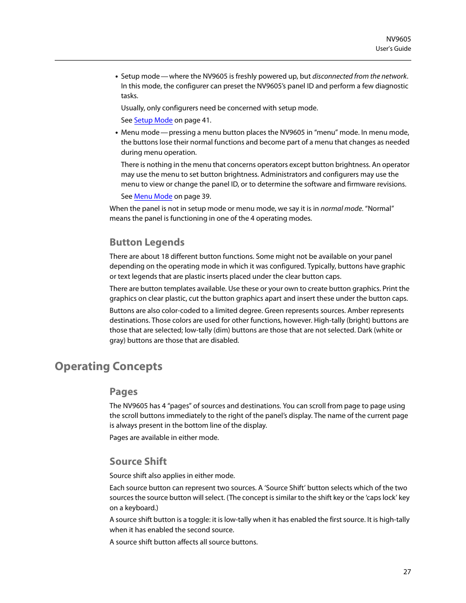Button legends, Operating concepts, Source shift | Pages | Grass Valley NV9605 v.1.1 User Manual | Page 37 / 74