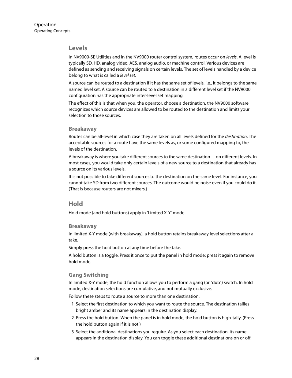 Levels, Breakaway, Hold | Gang switching, Breakaway gang switching | Grass Valley NV9605 v.1.1 User Manual | Page 38 / 74