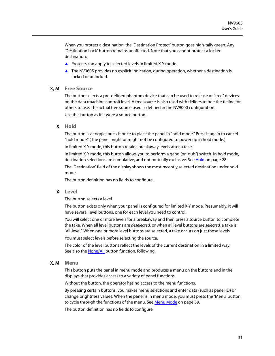 Free source, Hold, Level | Menu, Free source hold level menu | Grass Valley NV9605 v.1.1 User Manual | Page 41 / 74