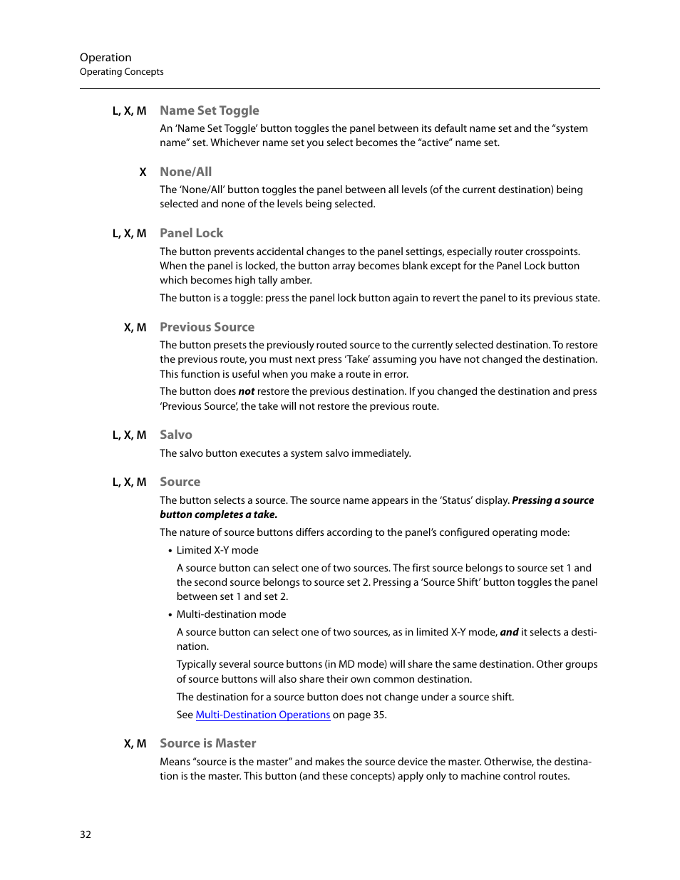 Name set toggle, None/all, Panel lock | Previous source, Salvo, Source, Source is master, Butt | Grass Valley NV9605 v.1.1 User Manual | Page 42 / 74