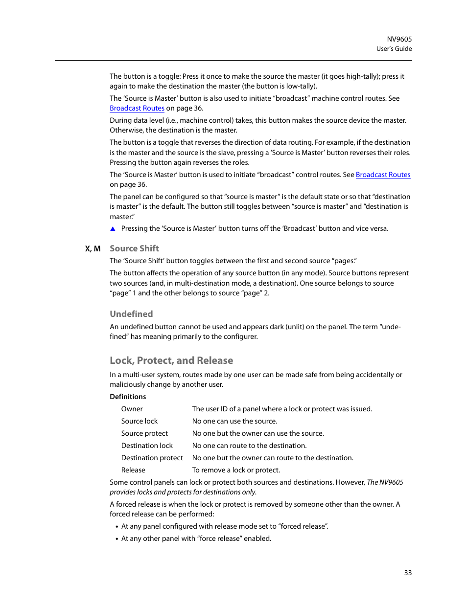 Source shift, Undefined, Lock, protect, and release | Source shift undefined | Grass Valley NV9605 v.1.1 User Manual | Page 43 / 74