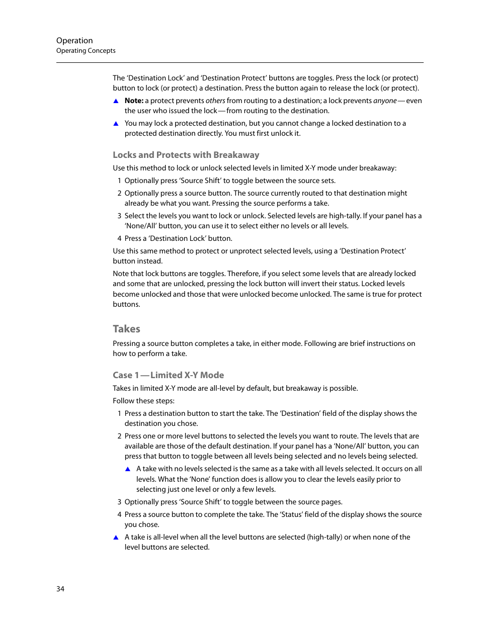 Locks and protects with breakaway, Takes, Case 1 - limited x-y mode | Case 1, Limited x-y mode | Grass Valley NV9605 v.1.1 User Manual | Page 44 / 74