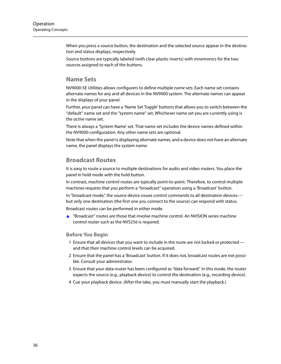 Name sets, Broadcast routes, Before you begin | Name sets broadcast routes | Grass Valley NV9605 v.1.1 User Manual | Page 46 / 74