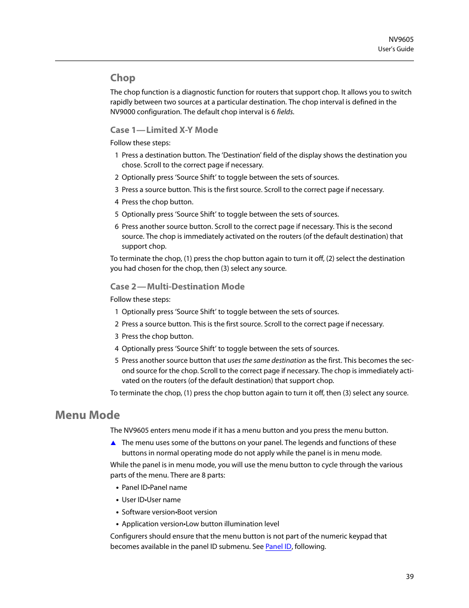 Chop, Case 1- limited x-y mode, Case 2 - multi-destination mode | Menu mode, Case 1, Case 2 | Grass Valley NV9605 v.1.1 User Manual | Page 49 / 74
