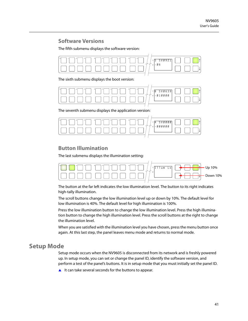 Software versions, Button illumination, Setup mode | Software versions button illumination | Grass Valley NV9605 v.1.1 User Manual | Page 51 / 74