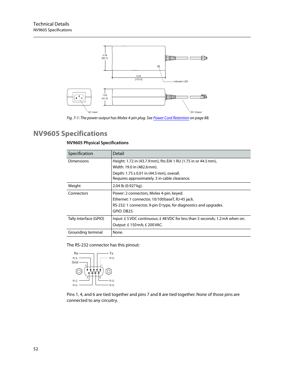 Nv9605 specifications, Technical details | Grass Valley NV9605 v.1.1 User Manual | Page 62 / 74